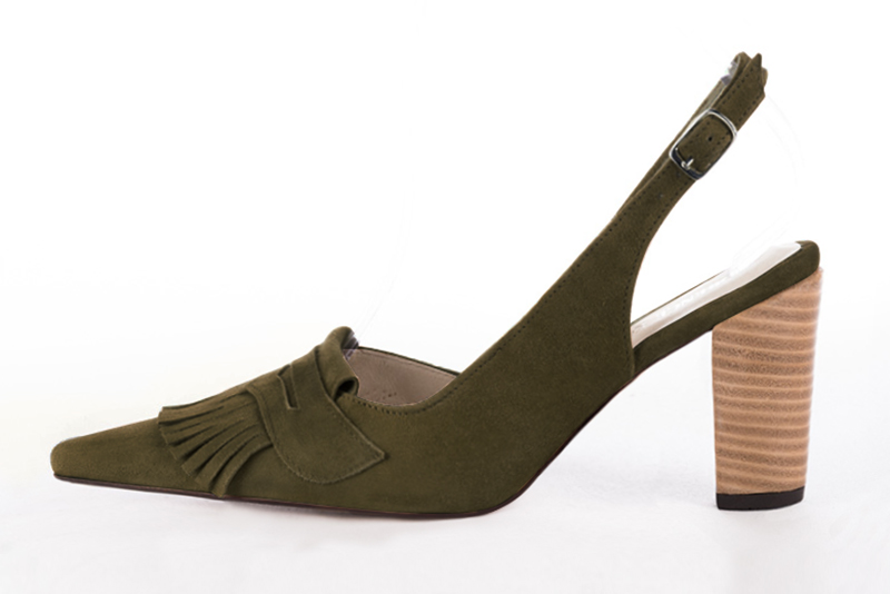 Khaki green women's slingback shoes. Pointed toe. High block heels. Profile view - Florence KOOIJMAN